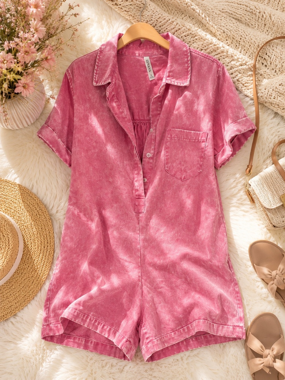 Women’s Pink Denim Wash Short-Sleeve Romper - Casual Collared